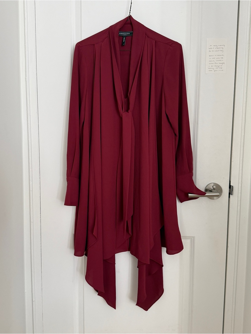 BCBGMaxAzria Wine Red Long Sleeve Tie-Neck Dress